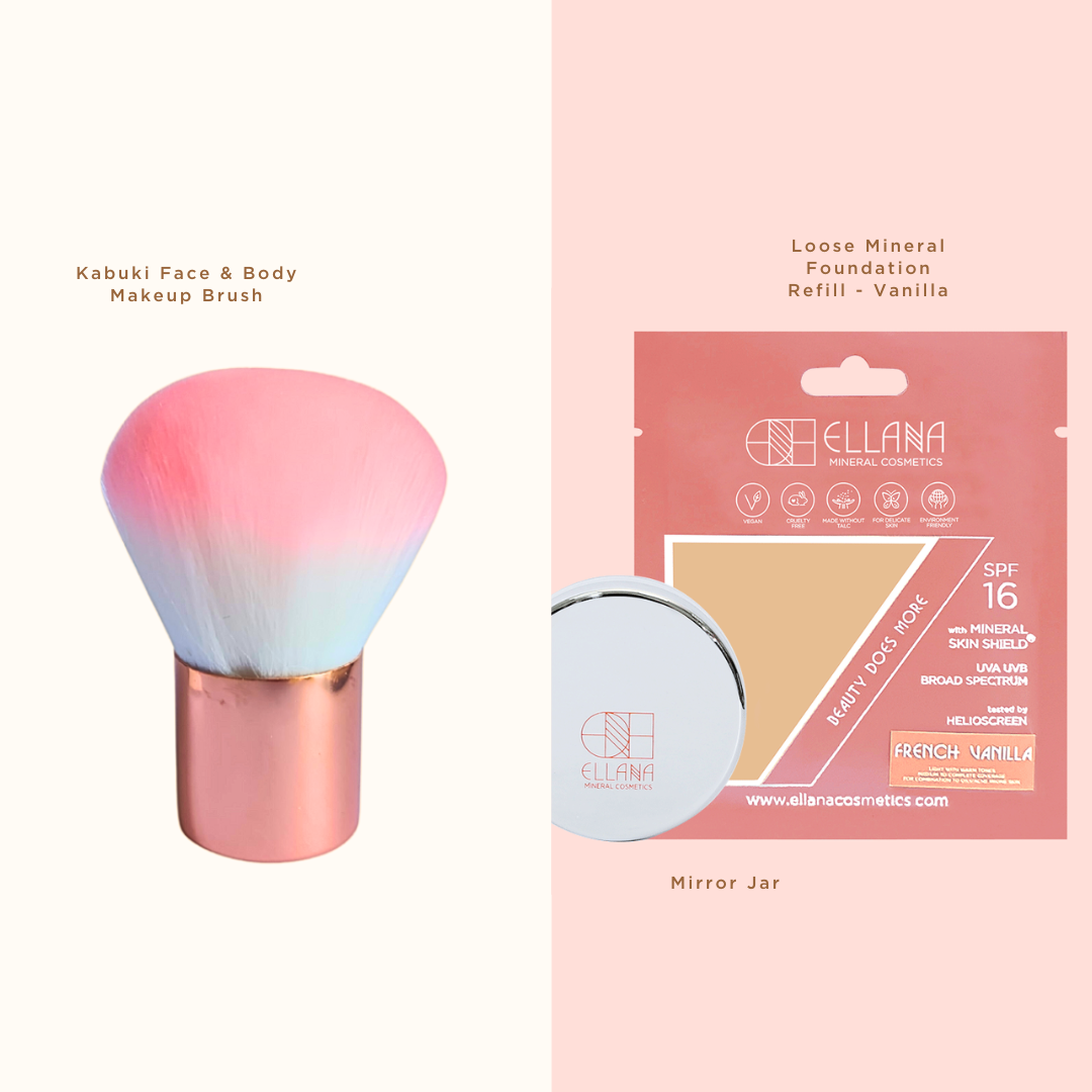 Beautiful Beginnings Starter Kit: Kabuki Face & Body Makeup Brush + Loose Mineral Foundation Refill + Jar