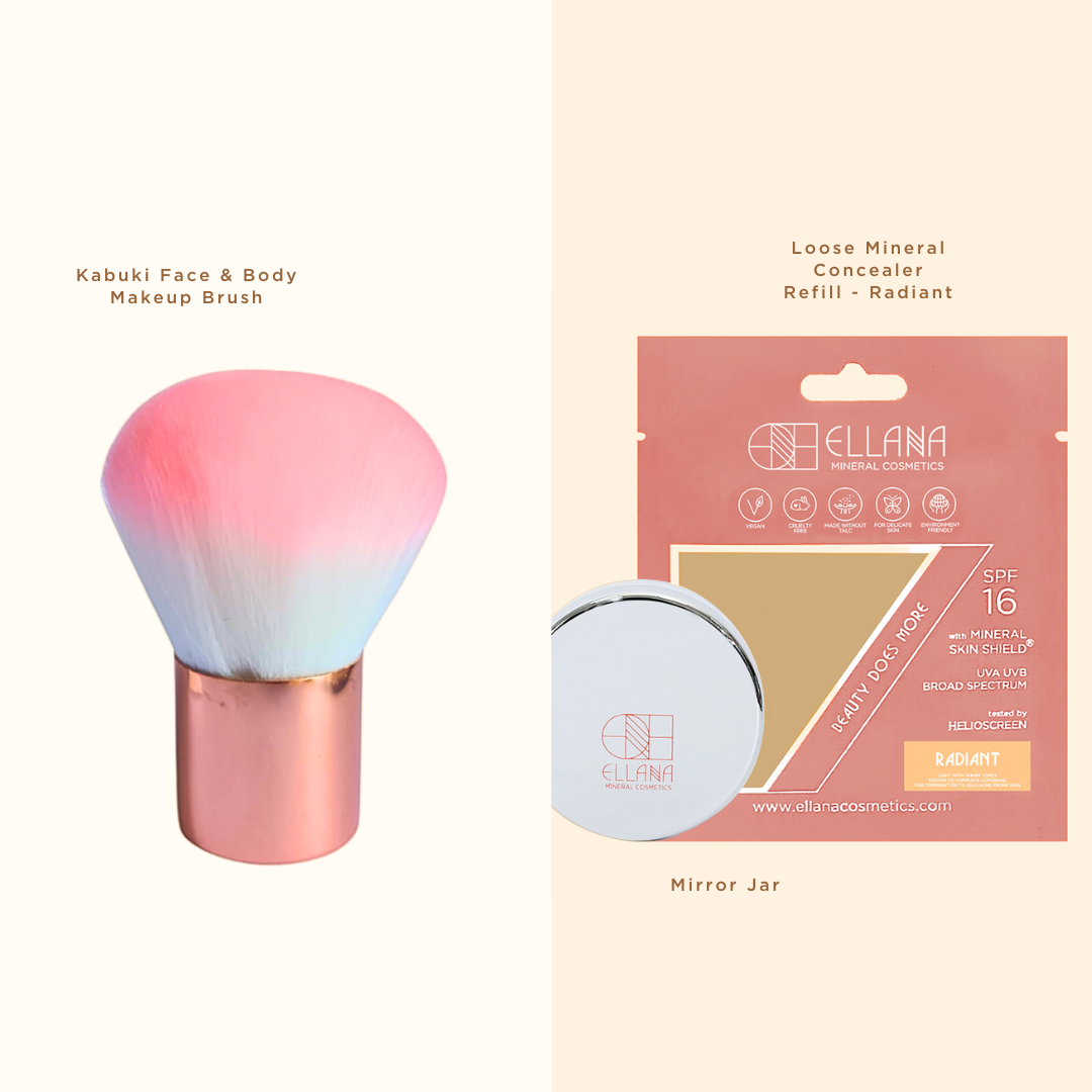 Flawless Coverage Starter Kit: Kabuki Face & Body Makeup Brush + Loose Mineral Concealer Refill + Jar